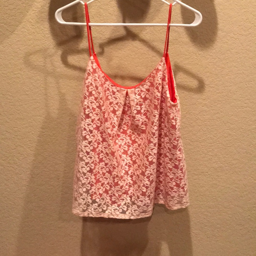 Orange tank top with cream lace overlay